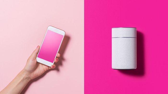 smartphone and smart speaker against a pink backdrop