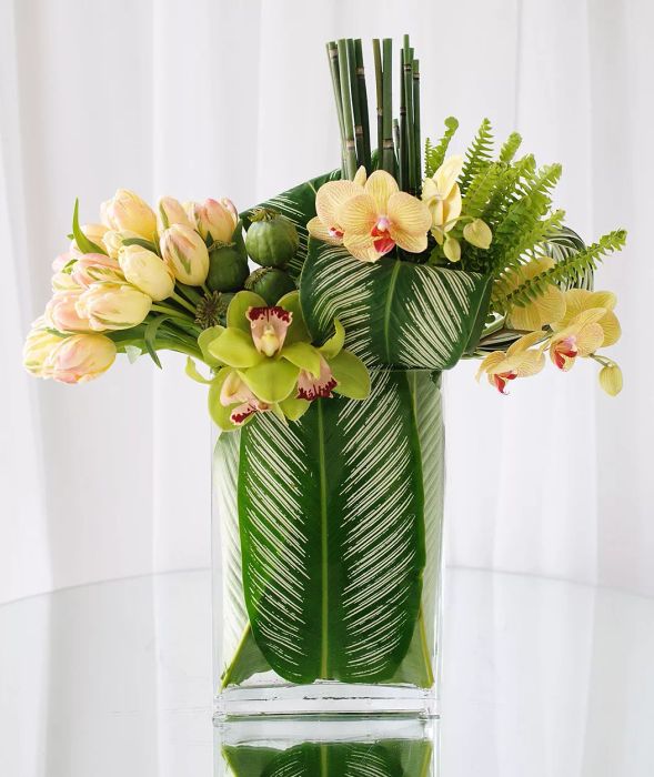 Yellow Tulip and Orchid Arrangement