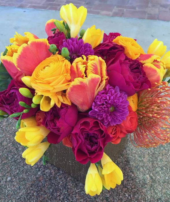 Vibrantly colored floral display featuring parrot tulips