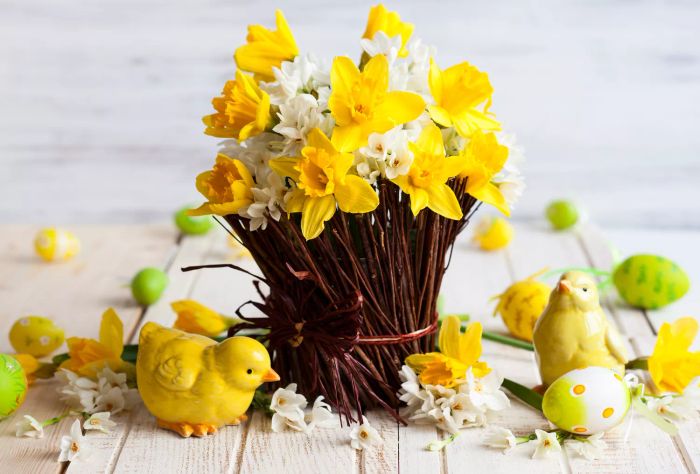 Daffodils and chicks as part of Easter table arrangements