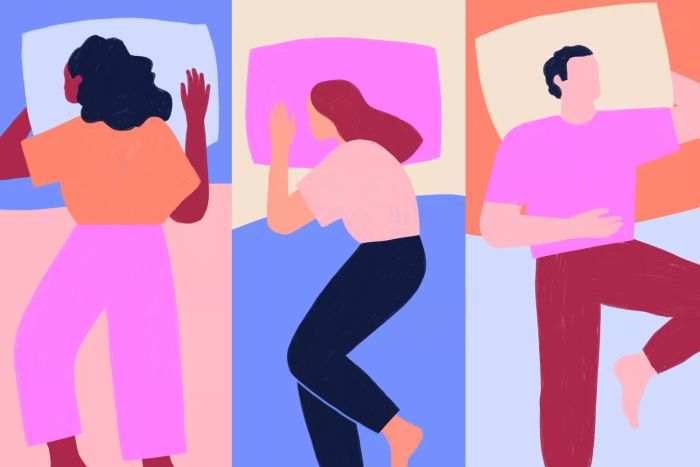 An image depicting three individuals in separate beds, each adopting a distinct sleeping posture: a woman lying on her stomach, another on her side, and a man resting on his back
