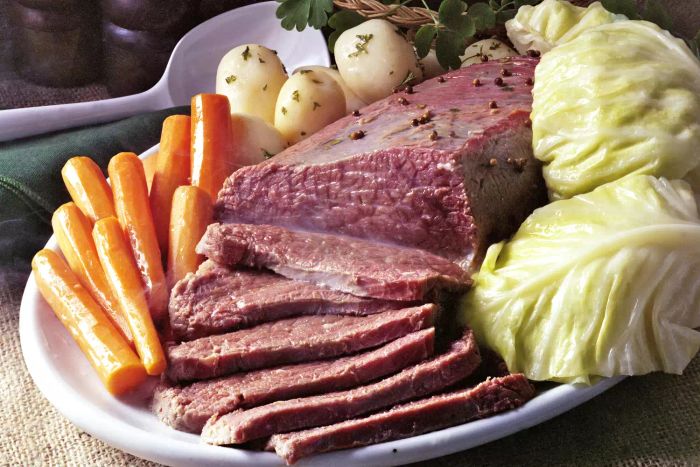 A hearty plate of corned beef ready to be enjoyed.