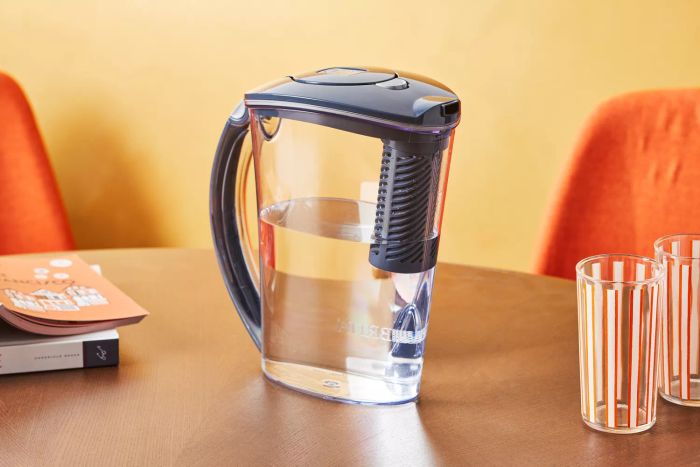 The Brita Rapids Stream Water Pitcher placed on a kitchen table