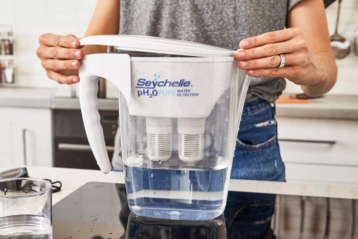 A person is seen placing the lid on the Seychelle Gen2 Dual pH20 Pure Water Pitcher