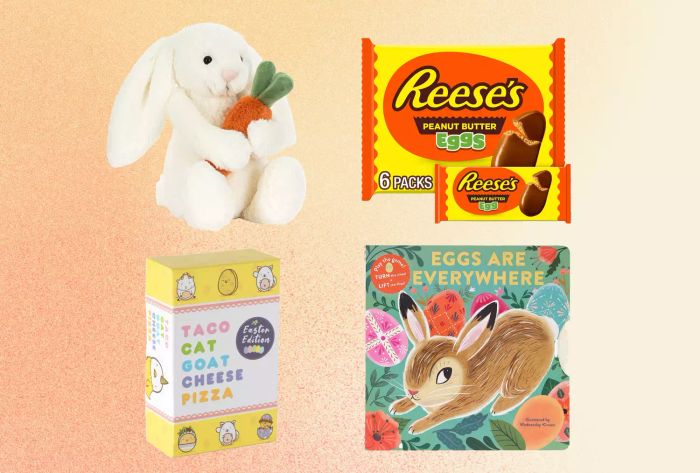 Jellycat Bashful Carrot Bunny, Reese’s Peanut Butter Eggs, Taco Cat Goat Cheese Pizza Game Easter Edition, and the Eggs Are Everywhere Book, set against a vibrant orange and yellow backdrop