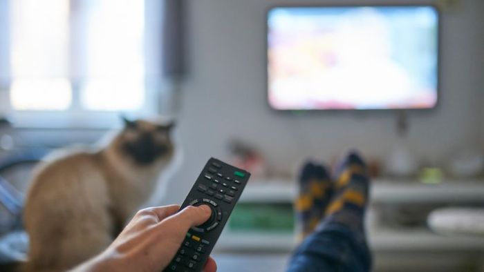 A person relaxing on the couch while enjoying a TV show in the living room.