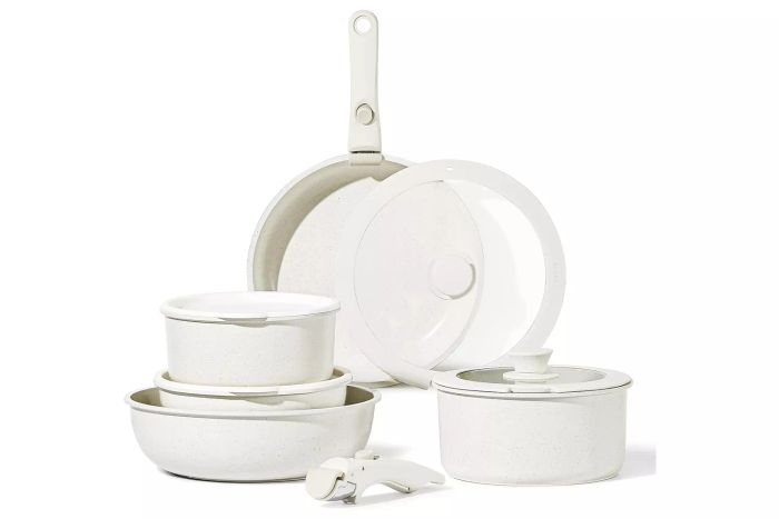 Amazon CAROTE 11-Piece Nonstick Cookware Set with Detachable Handles, Induction-Compatible, Oven-Safe, in Cream White