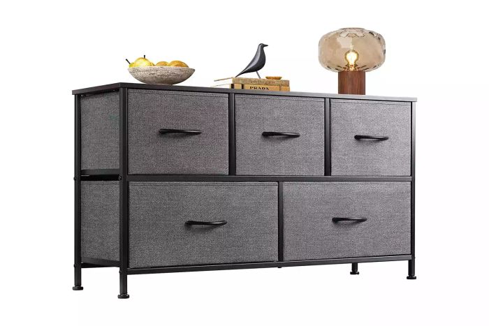 WLIVE Dresser for Bedroom with 5 Drawers, Wide Chest of Drawers, Fabric Dresser, Storage Organizer Unit with Fabric Bins for Closet, Living Room, Hallway, Nursery, Dark Grey