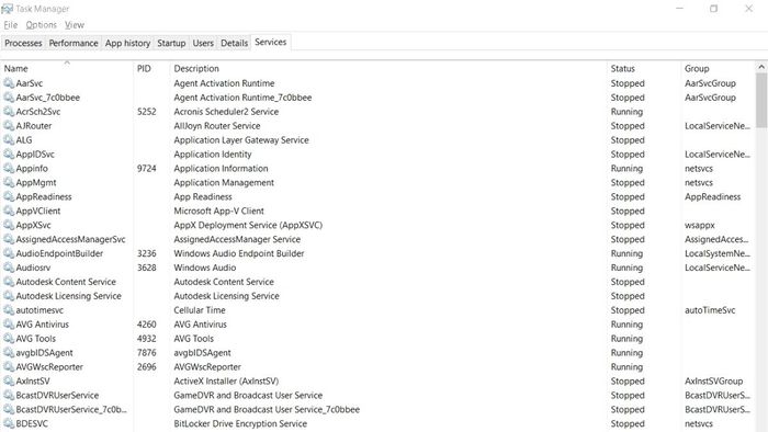 Các tab trong Task Manager - Dịch vụ