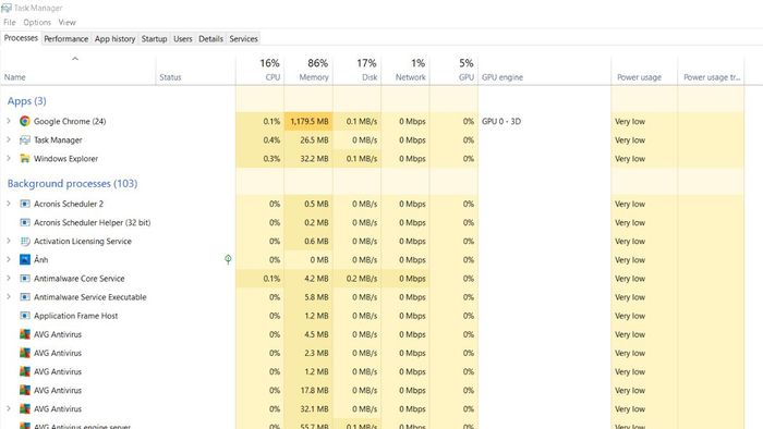 Các tab trong Task Manager - Tiến trình