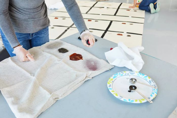 A person spraying Emergency Stain Rescue Chateau Spill Red Wine Stain Remover onto a stained pillowcase.