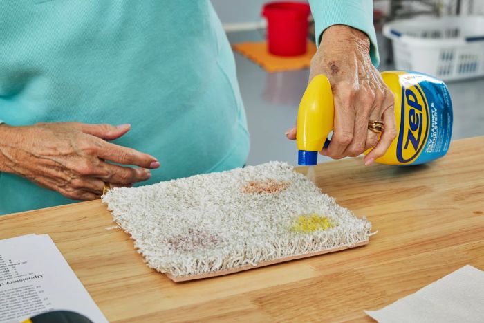 person spraying Zep Advanced Oxy Carpet & Upholstery Stain Remover onto piece of carpeting