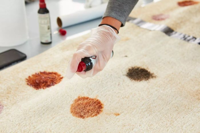 A person applying Emergency Stain Rescue Chateau Spill Red Wine Stain Remover to a stained rug.