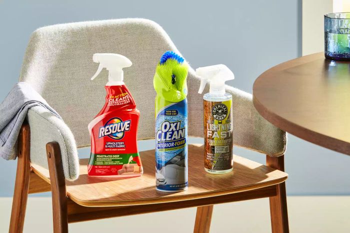 Various upholstery cleaner sprays tested on dining room chairs