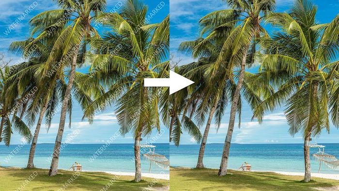 A comparison showing the before and after effects of the AI watermark remover tool removing watermarks from a beach photo