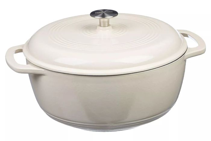 Amazon offers the Amazon Basics Enameled Cast Iron Covered Round Dutch Oven, 4.3-Quart in a sleek white color. Perfect for all your cooking needs.