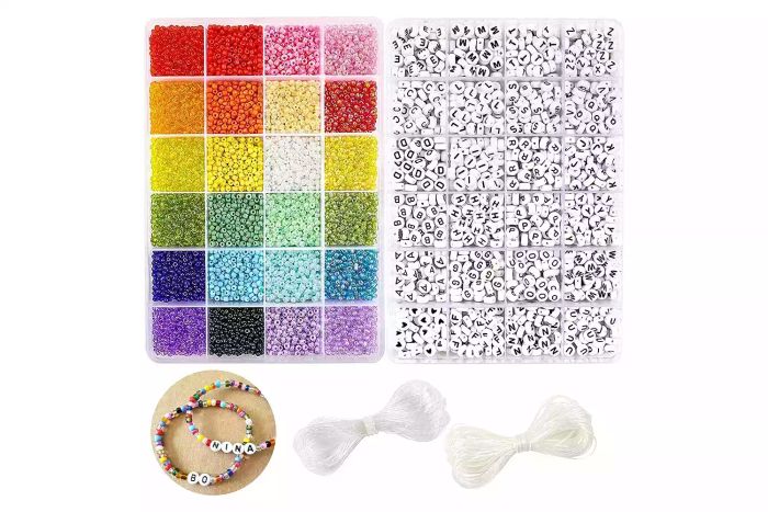 Amazon DICOBD 12000pcs 3mm Glass Seed Beads for Bracelet Making Kit with Alphabet Letter Beads, Friendship Bracelet Kits 8/0 Craft Beads for Jewelry Making, Necklaces, and Key Chains with 2 Rolls of Cord
