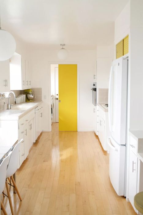 kitchen with yellow door