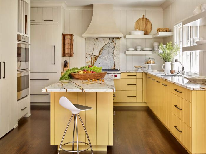 kitchen featuring off-white walls and yellow cabinetry
