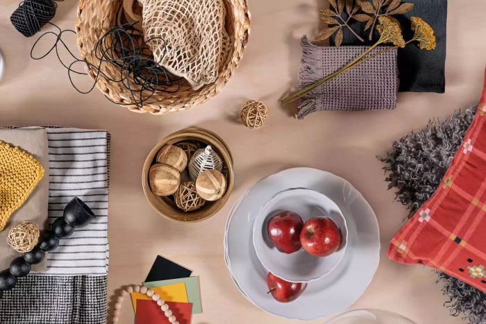 Aerial view of decorative items on a table