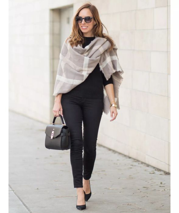 You can transform a blanket scarf into a chic asymmetrical wrap.