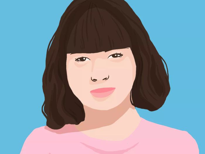 illustration of a woman with bangs and a round face shape