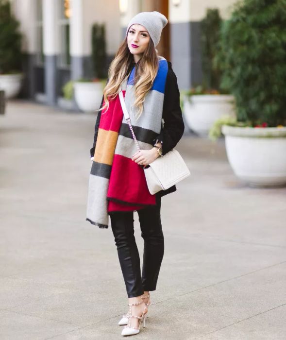 Blanket scarf draped in halves