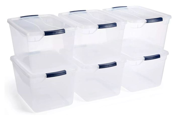 Amazon Rubbermaid Cleverstore 30 Quart Latching Stackable Plastic Storage Bins Tote Container with Lid for Work and Home Organization, Clear (6 Pack)