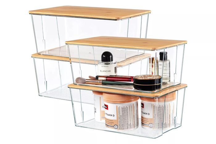 Amazon Hudgan Clear Plastic Storage Organizer Bins with Bamboo Lids for Pantry Organization and Storage, Medicine Cabinet, Craft Rooms - 4.5-Inches Tall - 4 Pack