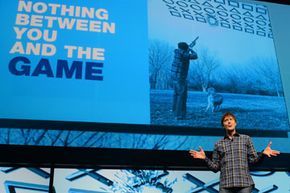 Game designer Mark Cerny addressing the crowd at the PlayStation 4 reveal event on February 20, 2013, in New York.