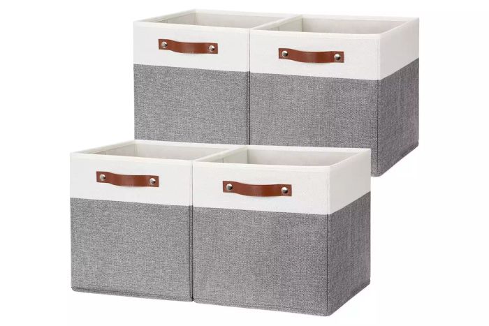 Amazon DULLEMELO 12-Inch Collapsible Storage Cubes with Handles, Sturdy Fabric Baskets for Organization, Ideal for Shelves, Nursery Closets, and Home Storage (White & Grey, Set of 4)
