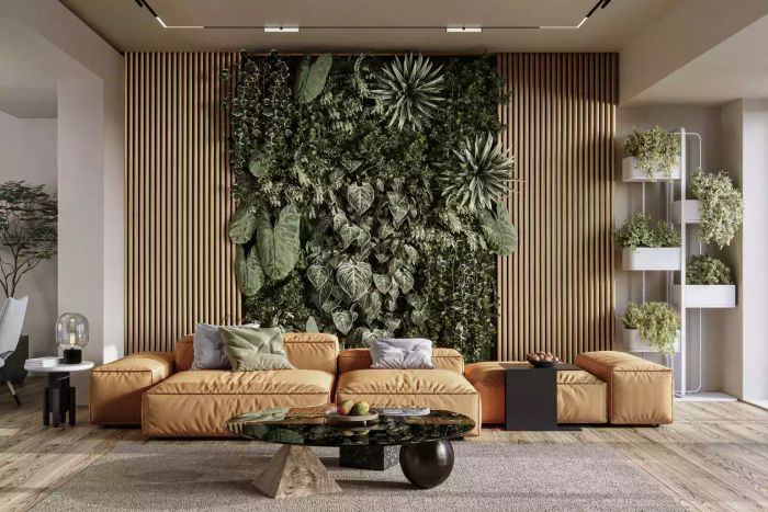 A stunning plant wall transforms your living room into a natural oasis.