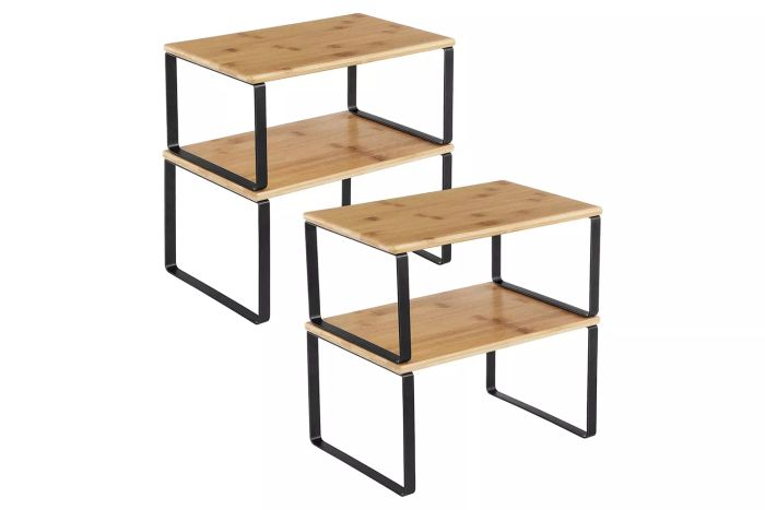 Amazon SONGMICS Spice Racks, Cabinet Shelf Organizers, Set of 4 Kitchen Counter Shelves, Stackable, Metal and Engineered Wood, Black and Natural UKCS10NB