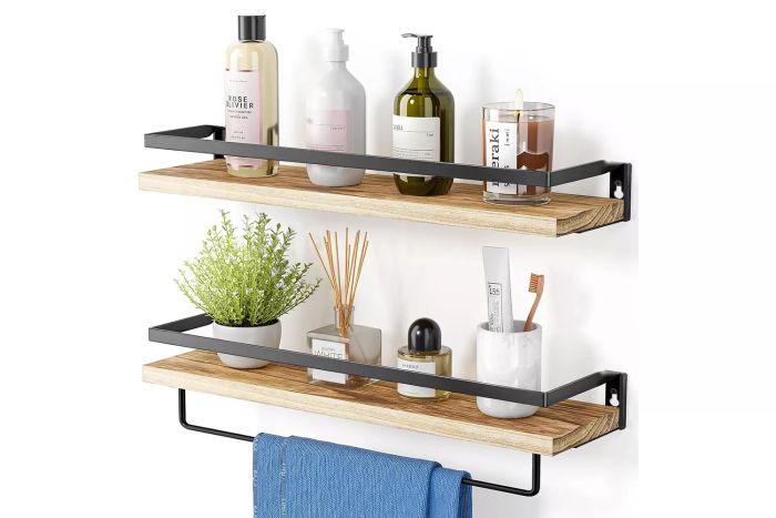 Amazon AMADA HOMEFURNISHING Floating Shelves, Bathroom Shelf with Towel Bar, Wall Shelves for Bathroom/Living Room/Kitchen/Bedroom, Light Brown Shelves Set of 2 - AMFS01