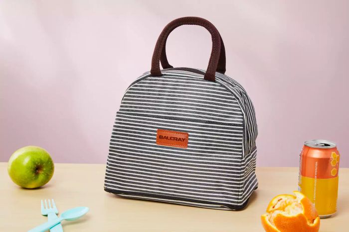 Baloray Insulated Lunch Bag placed on a desk with fruit, a canned drink, and cutlery