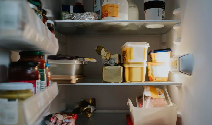 Messy fridge interior