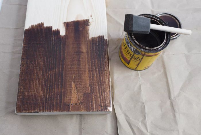In the process of staining a pine wood shelf with walnut brown
