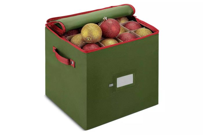 Amazon ZOBER Christmas Ornament Storage Box - Holds 64 Ornaments With Dual Zippers - Non-Woven, Tear-Resistant Christmas Ornament Containers - 3-Inch Cube Compartments - Green
