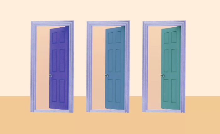 A trio of vibrant, open doors that highlight the growing trend of painted interior doors.
