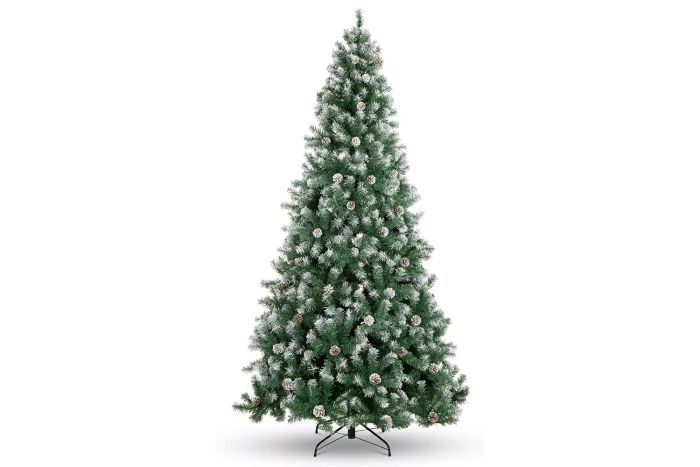 Amazon Best Choice Products 6ft Pre-Decorated Holiday Christmas Tree for Home, Office, Party Decoration with 1,000 PVC Branch Tips, Partially Flocked Design, Pine Cones, Metal Hinges & Base - Green/White