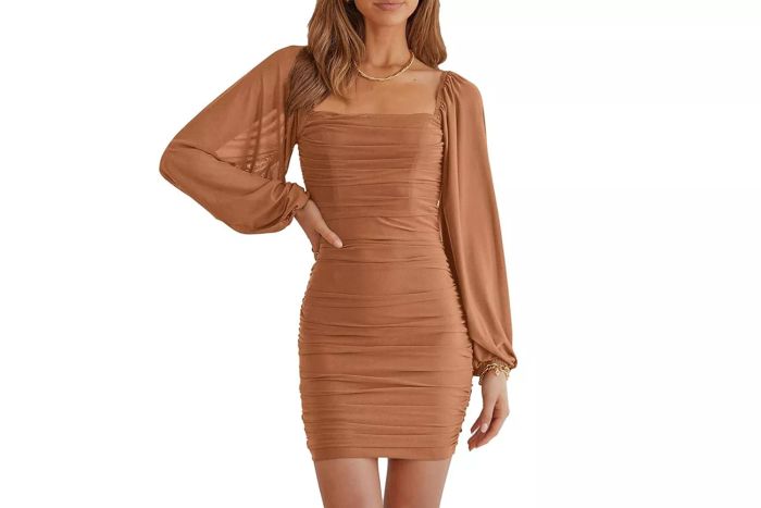 Amazon MASCOMODA Women Elegant Square Neck Lantern Long Sleeve Mini Ruched Bodycon Dress