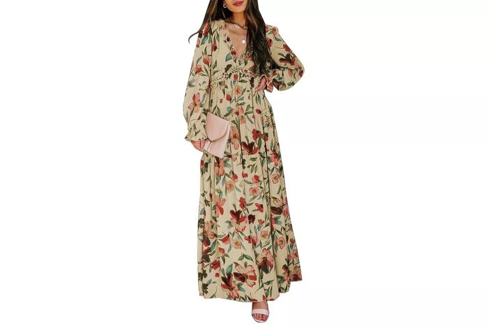Amazon BLENCOT Women's Casual Floral Deep V-Neck Long Sleeve Maxi Evening Dress for Cocktail Parties and Weddings