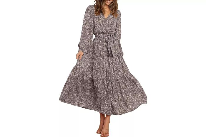 Amazon PRETTYGARDEN Women's 2023 Fall Long Sleeve V Neck Ruffle Maxi Dress Casual Tie Waist Boho Chiffon Flowy Long Dresses