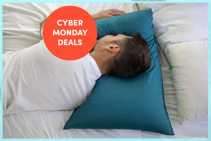 A person resting on a bed with a blue pillowcase covering the Coop Sleep Goods The Original Pillow.