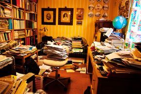 A cluttered study space