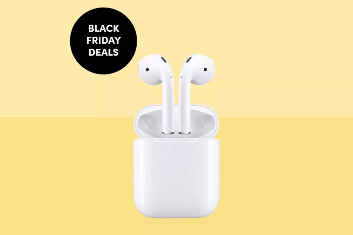 Apple AirPods showcased against a two-toned yellow backdrop with a Black Friday Deals banner.