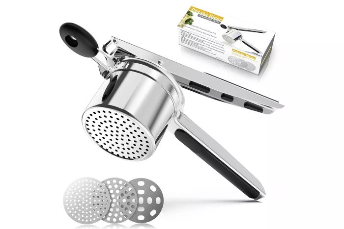 Amazon SPEESUN Potato Ricer, Heavy Duty Masher for Fluffy Mashed Potatoes, Comes with 3 Interchangeable Discs, Also Works as a Spaetzle Maker, Potato Press, and Passatelli Maker