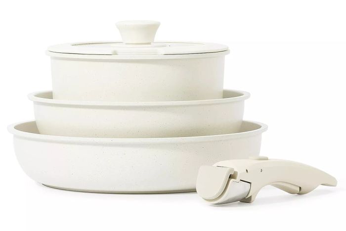 Amazon’s CAROTE Nonstick Cookware Sets feature pots and pans with removable handles, stackable for campers, and safe for both dishwashers and ovens.