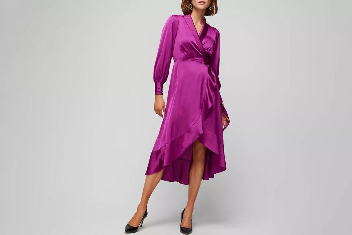 Black Friday at White House Black Market: Long Sleeve Satin Ruffle Wrap Dress