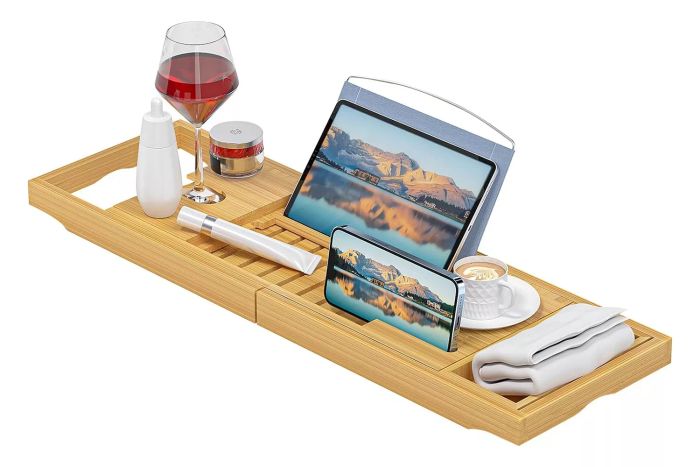Amazon Sen Yi Bao Luxury Bamboo Bathtub Caddy Tray, an expandable wooden bath tray designed for an elevated bathing experience.